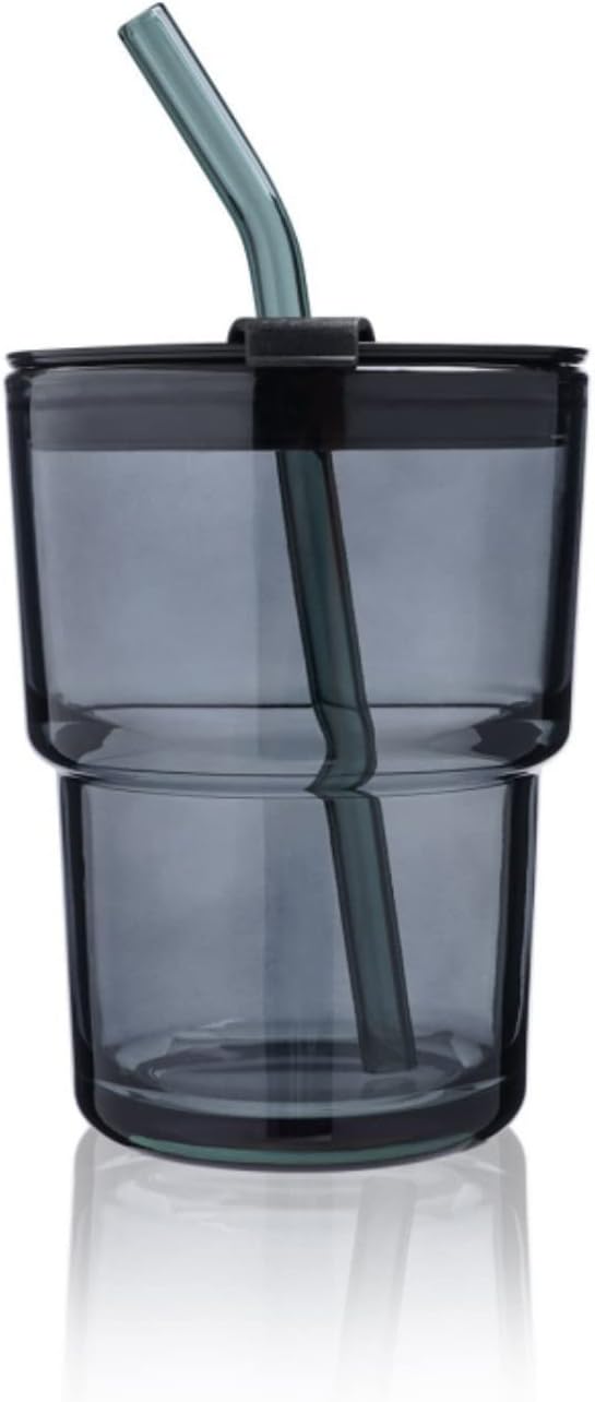 أكواب قهوة مثلجة زجاجية من كوسنو سعة 13 أونصة مع أغطية وماصات (عبوة من قطعتين) 